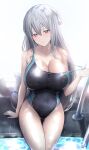  1girl absurdres arknights bangs bare_shoulders black_one-piece_swimsuit blush breasts cleavage closed_mouth clothes_pull commentary_request competition_swimsuit covered_navel grey_hair hair_between_eyes hand_up highleg highleg_swimsuit highres large_breasts long_hair looking_at_viewer one-piece_swimsuit poni_(poni_arknights) pool red_eyes sitting skadi_(arknights) smile soaking_feet solo swimsuit swimsuit_pull thighs tile_floor tiles two-tone_swimsuit very_long_hair wet white_hair 