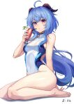  1girl absurdres ahoge alternate_costume bare_arms bare_legs bare_shoulders barefoot bld_zi blue_hair blue_one-piece_swimsuit breasts commission competition_swimsuit covered_navel cup drinking_straw flower ganyu_(genshin_impact) genshin_impact goat_horns hair_between_eyes highres holding holding_cup horns legs long_hair looking_at_viewer medium_breasts one-piece_swimsuit parted_lips pink_eyes second-party_source simple_background sitting solo swimsuit thighs toes two-tone_swimsuit very_long_hair wariza white_background white_one-piece_swimsuit 
