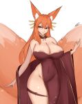  1girl animal_ear_fluff animal_ears areola_slip breasts center_opening cleavage fluffy fox_ears fox_girl fox_tail groin hair_between_eyes hair_ornament highres kitsune krass large_breasts long_hair looking_at_viewer mole mole_under_eye multiple_tails orange_eyes orange_hair original revealing_clothes simple_background smile solo tail thick_thighs thigh_strap thighs white_background 