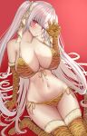  1girl alternate_costume animal_print azur_lane bikini breasts chinese_zodiac claw_pose elbow_gloves fingernails formidable_(azur_lane) fur-trimmed_legwear fur_trim gloves highres huge_breasts long_fingernails long_hair looking_at_viewer red_background red_eyes sharp_fingernails side-tie_bikini_bottom simple_background solo swimsuit thighhighs tiger_print tiger_stripes twintails very_long_fingernails very_long_hair white_hair year_of_the_tiger zai-senpai 