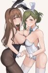  2girls absurdres black_leotard black_pantyhose blush breast_press breasts brown_hair cleavage detached_collar folded_ponytail green_hair highres holding_hands idolmaster idolmaster_shiny_colors interlocked_fingers koyama_hiyu kuwayama_chiyuki large_breasts leotard long_hair looking_at_viewer multiple_girls nanakusa_hazuki pantyhose playboy_bunny simple_background smile straight_hair symmetrical_docking thighhighs very_long_hair white_background white_leotard white_thighhighs 