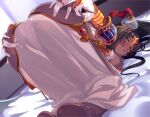  1girl 846-gou aqua_eyes armlet ass barefoot bent_over black_hair breasts cameltoe circlet curvy dark-skinned_female dark_skin deep_skin fate/grand_order fate_(series) female_pubic_hair from_behind full_body harem_outfit hat jewelry large_breasts lipstick long_hair looking_at_viewer makeup on_bed open_mouth pubic_hair ring scheherazade_(fate) see-through see-through_skirt skindentation skirt solo spread_ass very_long_hair 