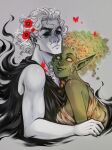  1boy 1girl ashiori-chan black_sclera brown_eyes bug butterfly colored_sclera colored_skin couple daphne_(lore_olympus) english_commentary flower green_eyes green_hair green_skin grey_background grey_hair grey_skin grin hair_flower hair_ornament hetero lore_olympus medium_hair nymph pointy_ears red_butterfly smile thanatos_(lore_olympus) 