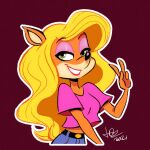  1:1 2021 4_fingers activision anthro bandicoot black_nose blonde_hair clothed clothing crash_bandicoot_(series) female fingers green_eyes hair juneduck21 looking_at_viewer mammal marsupial orange_body signature simple_background smile solo tawna_bandicoot video_games 