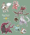  :d closed_mouth commentary_request copyright_name dragalge green_background highres larvesta lurantis lycanroc lycanroc_(midday) mienshao mozu_(teluto) no_humans open_mouth outline pokemon pokemon_(creature) red_eyes scolipede shinx smile yellow_eyes 