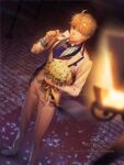  1boy ;) ahoge arthur_pendragon_(fate) arthur_pendragon_(white_rose)_(fate) artist_name bangs blonde_hair blue_necktie bouquet card closed_mouth collared_shirt commentary_request fate/grand_order fate/prototype fate/prototype:_fragments_of_blue_and_silver fate_(series) flower formal from_above full_body gold_trim green_eyes highres holding holding_bouquet holding_card holding_flower jacket long_sleeves looking_at_viewer looking_up male_focus necktie nollxmai official_alternate_costume one_eye_closed pants ribbon rose shirt short_hair smile solo sparkle striped striped_shirt suit tie_clip vertical-striped_shirt vertical_stripes waistcoat weibo_username white_flower white_footwear white_jacket white_pants white_rose white_suit 