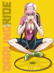  1girl albyee bicycle darling_in_the_franxx flat_tire green_eyes ground_vehicle highres pink_hair pixiv solo tire zero_two_(darling_in_the_franxx) 
