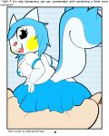  black_eyes blue_body blue_fur blue_hair bottomwear breasts butt clothing comic duo eylashes female first_person_view fur generation_4_pokemon generation_5_pokemon hair hand_on_butt katie_(subtractiontoons) looking_at_viewer male male/female minccino nintendo nurse_clothing nurse_uniform on_lap open_mouth pachirisu pok&eacute;mon_mystery_dungeon pokemon pokemon_(species) robin_(rodent_powered) rodent_powered_(softestpuffss) semi-anthro skirt softestpuffss squirrel_tail suggestive uniform video_games white_body white_fur 