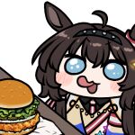  1girl ahoge animal_ears blue_eyes brown_hair burger chibi chicken_sandwich commentary ear_ornament food food_focus grace_(kor)_(racehorse) horse_ears horse_girl jazz_jack lettuce licking_lips long_hair looking_at_food lowres necktie open_mouth simple_background solo sparkling_eyes tongue tongue_out umamusume upper_body white_background 