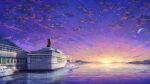  absurdres bird boat building city commentary_request highres kuroneko_(hmilk) no_humans ocean original outdoors purple_sky reflection scenery ship sky skyscraper sun sunset water watercraft 