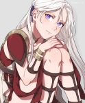  1girl alternate_costume bangs bracelet closed_mouth collarbone commentary dress edelgard_von_hresvelg feet_out_of_frame fire_emblem fire_emblem:_three_houses grey_background hair_ribbon hands_on_own_knees highres jewelry knees_together_feet_apart long_hair looking_at_viewer neck_ring own_hands_together parted_bangs peach11_01 purple_eyes purple_ribbon red_dress ribbon shadow simple_background sitting sleeveless sleeveless_dress smile solo straight_hair twitter_username white_hair 
