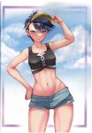  1girl absurdres bangs bare_shoulders blue_hair blush breasts buttons closed_mouth cloud collarbone cyllene_(pokemon) hand_on_hip highres holding lips looking_at_viewer medium_breasts midriff navel pokemon pokemon_(game) pokemon_legends:_arceus purple_eyes scan short_hair short_shorts shorts simple_background sky sleeveless solo stomach swimsuit takecha thighs visor_cap 