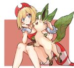  1girl bangs blonde_hair blue_eyes blush border bracelet closed_mouth commentary_request eyelashes hairband hands_up highres irida_(pokemon) jewelry knees leafeon mozu_(teluto) pokemon pokemon_(creature) pokemon_(game) pokemon_legends:_arceus red_hairband red_shirt shirt short_hair shorts sitting smile strapless strapless_shirt white_border white_shorts 