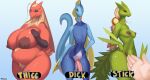  2022 anthro balls big_breasts biped blaziken blonde_hair blue_background blue_body breasts brown_nipples digital_media_(artwork) female generation_3_pokemon generation_8_pokemon genitals group hair hi_res huge_breasts human inteleon magnetus male mammal nintendo nipples penis pokemon pokemon_(species) pubes red_body simple_background small_waist trio video_games wide_hips 