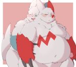  2022 anthro belly big_belly blue_body blush dragon_night800 duo embrace eyes_closed generation_3_pokemon hi_res hug hugging_from_behind kemono male moobs navel nintendo overweight overweight_male pokemon pokemon_(species) red_body simple_background video_games white_body zangoose 