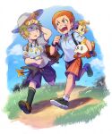  2boys aged_down black_socks brown_footwear chimchar cloud commentary_request day falling_leaves flint_(pokemon) fuecoco grass grey_headwear grey_shirt hat holding holding_pokemon kan_(pyy_c12) leaf male_focus multiple_boys on_head orange_hair outdoors path pawmi pokemon pokemon_(creature) pokemon_(game) pokemon_dppt pokemon_on_head pokemon_sv running shinx shirt shoes short_hair short_sleeves shorts sky socks volkner_(pokemon) 