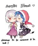  2girls :3 blue_hair chibi commeowdore doremy_sweet dress hat highres jacket kishin_sagume multiple_girls nightcap open_clothes pom_pom_(clothes) purple_dress short_hair single_wing tail tapir_tail touhou wings yuri 