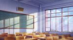  absurdres blue_sky building chair chalkboard classroom cloud commentary_request day highres indoors kuroneko_(hmilk) no_humans original outdoors scenery school_chair shadow sky skyscraper window 