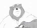  2022 4:3 anthro blush bodily_fluids clothing eyewear glasses hi_res humanoid_hands kemono male mammal overweight overweight_male pommn_mn portrait shirt simple_background solo sweat topwear ursid 