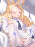  1girl ^^^ animal_ears bangs bar_censor blonde_hair blue_archive blush censored closed_eyes dress forehead fox_ears halo hetero hh_trismegistus highres long_hair lying necktie no_panties on_back on_bed pantyhose parted_bangs seia_(blue_archive) sensei_(blue_archive) short_necktie sleeve_bow sleeveless sleeveless_dress sleeves_past_fingers sleeves_past_wrists thigh_strap torn_clothes torn_legwear very_long_hair white_dress 