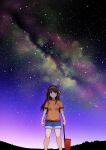  1girl absurdres aged_down animal_print bare_legs bear_print brown_eyes brown_hair clenched_hand commentary_request denim denim_shorts hair_ribbon hairband haruhisky highres line_marker long_hair outdoors panda_print ribbon short_sleeves shorts sky solo star_(sky) starry_sky suzumiya_haruhi suzumiya_haruhi_(young) suzumiya_haruhi_no_yuuutsu 