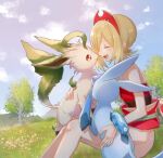  1girl :d blonde_hair blush bracelet closed_eyes cloud commentary_request day glaceon grass hairband happy irida_(pokemon) jewelry leafeon lower_teeth mozu_(teluto) open_mouth outdoors pokemon pokemon_(creature) pokemon_(game) pokemon_legends:_arceus red_hairband red_shirt sash shirt short_hair shorts sitting sky smile strapless strapless_shirt teeth tongue tree white_shorts 