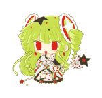  1girl bangs black_socks bloomers chibi coat drill_hair earrings green_hair holding holding_wand jewelry lace-trimmed_ribbon lace-trimmed_sleeves lace_trim long_hair long_sleeves neck_ribbon no_nose open_mouth original polka_dot polka_dot_ribbon red_eyes ribbon simple_background smile socks solo star_(symbol) star_earrings teavert transparent_background underwear usagi_nui very_long_hair wand white_coat white_ribbon 