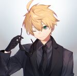  1boy 38098877 ;) ahoge arthur_pendragon_(fate) bangs black_gloves black_necktie black_shirt black_vest blonde_hair closed_mouth collared_shirt commentary eyewear_removed fate/grand_order fate/prototype fate/prototype:_fragments_of_blue_and_silver fate_(series) formal glasses gloves gradient gradient_background green_eyes hair_between_eyes holding holding_eyewear long_sleeves looking_to_the_side male_focus necktie official_alternate_costume one_eye_closed shirt short_hair smile solo sunglasses upper_body vest 