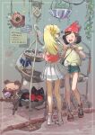  2girls :d ^_^ absurdres backpack bag bangs bare_legs beanie black_hair blonde_hair bracelet braid closed_eyes earrings facing_away floral_print french_braid green_shorts hand_in_own_hair hands_up hanging_plant hat high_ponytail highres jewelry lillie_(pokemon) litten long_hair minior miniskirt multiple_girls outdoors plant pleated_skirt poke_puff pokemon pokemon_(game) pokemon_sm red_headwear road rockruff selene_(pokemon) shirt shoes short_hair short_shorts short_sleeves shorts shoulder_bag signature skirt sleeping smile sneakers socks standing street swept_bangs t-shirt tied_shirt white_footwear white_shirt yellowking_hiro z-ring 