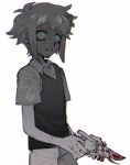  1boy basil_(omori) blood blue_eyes collared_shirt commentary film_grain flower glowing glowing_eyes greyscale hair_flower hair_ornament highres kbs_omo looking_away monochrome omori parted_lips shears shirt short_hair short_sleeves shorts solo spoilers sweat sweater_vest 