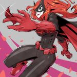  1girl animification batman_(series) batwoman belt black_bodysuit blue_belt bodysuit boots breasts covered_navel dc_comics floating_hair gloves kate_kane long_hair mask medium_breasts open_hands red_footwear red_gloves red_hair skin_tight solo sunafuki_tabito superhero 