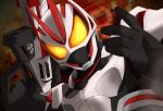  1boy armor black_bodysuit black_gloves bodysuit compound_eyes fox fox_mask gloves gun holding holding_weapon kamen_rider kamen_rider_geats kamen_rider_geats_(series) kitsune magnum_boost magnum_shooter_40x male_focus mask miyabi_(037) multicolored_background open_hands orange_background pose rifle shoulder_armor tokusatsu two-tone_background upper_body weapon white_armor 