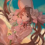  1girl :d ahoge ambience_synesthesia arknights bangs blue_sky bonnet bow brown_hair cloud commentary_request copper_(copper038) day dress eyjafjalla_(arknights) flower gloves grey_eyes hair_between_eyes long_hair looking_at_viewer official_alternate_costume outdoors pink_bow pink_flower pink_rose puffy_short_sleeves puffy_sleeves rose short_sleeves sky smile solo striped striped_bow twintails very_long_hair white_dress white_flower white_gloves white_headwear 