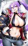 1girl asymmetrical_pants belt bikini bikini_top_only bikini_under_clothes breasts casul cleavage coat collarbone contrapposto cowboy_shot denim drill_locks fang fate/grand_order fate_(series) fur_trim hair_between_eyes halterneck hand_on_hip highleg highleg_bikini highres huge_breasts jeans jitome long_hair long_sleeves looking_at_viewer midriff navel open_mouth pants ponytail purple_eyes purple_hair sideboob smile solo swimsuit very_long_hair wu_zetian_(fate) wu_zetian_(swimsuit_caster)_(fate) 