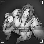  absurd_res big_breasts black_sclera breasts clothed clothing curvy_figure demon digital_drawing_(artwork) digital_media_(artwork) drydude duo embrace english_text fangs female gesture greyscale hair hi_res hug human humanoid larger_female looking_at_viewer male male/female mammal monochrome monster_girl_(genre) muscular muscular_female not_furry selfie simple_background size_difference smaller_male smile text thick_thighs topwear v_sign voluptuous 