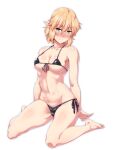  1girl bangs bare_arms bare_legs bare_shoulders barefoot bikini black_bikini blonde_hair blush breasts collarbone commentary_request front-tie_bikini_top front-tie_top full_body green_eyes hair_between_eyes halterneck highres looking_at_viewer medium_breasts micro_bikini mizuhashi_parsee navel nose_blush ootsuki_wataru pointy_ears short_hair side-tie_bikini_bottom simple_background sitting solo stomach swimsuit thighs touhou wariza white_background 