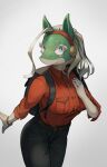 2022 anthro backpack barcy belt blue_eyes bottomwear bracelet breasts clothing dress_shirt female hair head_accessory hi_res ippan_josei jewelry multicolored_body my_hero_academia pants red_dress_shirt shirt simple_background solo topwear two_tone_body unknown_species white_hair 