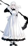  1boy alternate_costume apron bangs black_footwear blanca_(fate) blue_eyes bug closed_mouth commentary_request crossdressing enmaided fate/grand_order fate_(series) frills full_body highres holding holding_scythe holding_weapon light_smile long_skirt long_sleeves looking_at_viewer maid maid_apron maid_headdress male_focus medium_hair moth no_wings oberon_(fate) oyasumi_dm puffy_sleeves scythe simple_background skirt smile socks solo weapon white_apron white_background white_hair white_socks 