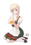  1girl alcohol apron bangs beer beer_mug blonde_hair blue_eyes blunt_bangs commentary_request cup dirndl dress drunk flat_chest german_clothes green_dress hair_over_shoulder highres kantai_collection long_hair looking_at_viewer mug official_alternate_costume one-hour_drawing_challenge owa_(ishtail) shin&#039;you_(kancolle) shirt solo waist_apron white_apron white_shirt 