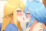  2girls ahoge animal_ears bare_shoulders blacksaikou blonde_hair blue_eyes blue_feathers blue_hair blush centorea&#039;s_mother closed_eyes embarrassed facing_another feathers french_kiss hand_on_another&#039;s_shoulder horse_ears jewelry kiss long_hair mole mole_under_eye monster_musume_no_iru_nichijou multiple_girls papi_(monster_musume) ring saliva sidelocks sweatdrop tongue tongue_out upper_body yuri 