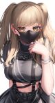  1girl bangs belt black_belt blonde_hair bracelet breasts chain highres jewelry large_breasts long_hair looking_at_viewer mask mouth_mask nijisanji ring simple_background sister_cleaire solo suraimu_(suraimuraimu) virtual_youtuber white_background yellow_eyes 