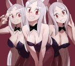  3girls animal_ears bare_arms bow bowtie breasts cerberus_(helltaker) detached_collar dog_ears grin helltaker highres leotard long_hair looking_at_viewer multiple_girls pantyhose playboy_bunny red_background red_eyes salute sho-n-d simple_background smile two-finger_salute white_hair wrist_cuffs 