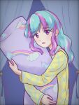  1girl aikatsu!_(series) aikatsu_stars! bolster hanazono_kirara ibispaint implied_yuri katsudon_(aikatsu) looking_at_viewer multicolored_hair night object_hug pillow pillow_hug two-tone_hair 