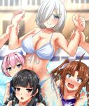  2others 4girls absurdres bikini blue_eyes blurry blurry_background breasts carrying clenched_teeth commentary_request commission covered_nipples front-tie_top hair_over_one_eye hamakaze_(kancolle) highres isokaze_(kancolle) kagerou_(kancolle) kantai_collection large_breasts multiple_girls multiple_others pixiv_request restrained shiranui_(kancolle) short_hair side-tie_bikini_bottom solo_focus splashing swimsuit teeth upper_body water white_bikini white_hair zanntetu 