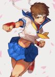  1girl blue_sailor_collar blue_skirt breasts brown_eyes brown_hair kasugano_sakura nasubin_(nasubisamurai15) open_mouth punching red_footwear sailor_collar school_uniform serafuku shoes short_hair skirt sneakers solo street_fighter teeth white_headwear white_serafuku 