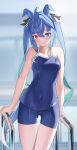  1girl ahoge animal_ears bangs bare_arms bare_shoulders blue_eyes blue_hair blurry blurry_background blush breasts closed_mouth covered_navel crossed_bangs feet_out_of_frame heterochromia highres horse_ears horse_girl horse_tail long_hair pool_ladder purple_eyes school_swimsuit small_breasts smile solo standing swimsuit tail twin_turbo_(umamusume) twintails umamusume yoshitaka_(eriri_takadess) 