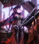  1girl azur_lane black_bodysuit black_capelet black_hair bodystocking bodysuit breasts bruenhilde_(azur_lane) capelet covered_navel cross feet_out_of_frame gauntlets highres iron_cross large_breasts looking_at_viewer multicolored_hair red_eyes sansan_(dongfangzhong111) short_hair sitting solo split-color_hair white_hair 