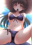  1girl absurdres bare_arms bare_legs bare_shoulders beach bikini black_bikini black_hair blush choukai_(kancolle) closed_mouth collarbone day glasses hat highres kantai_collection long_hair makura_(y_makura) mouth_hold navel ocean red_eyes rimless_eyewear solo straw_hat striped striped_bikini sun_hat swimsuit vertical-striped_bikini vertical_stripes 