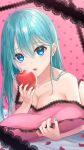  1girl absurdres apple aqua_eyes aqua_hair aqua_nails bare_shoulders bed_sheet biting blue_eyes breasts camisole cleavage collarbone eating food fruit hair_behind_ear hair_between_eyes hair_down hatsune_miku highres holding holding_food holding_fruit lace large_breasts long_hair looking_at_viewer lying meiruuuu. on_bed on_stomach petals pillow pink_background pink_camisole polka_dot polka_dot_background polka_dot_camisole red_apple romeo_to_cinderella_(vocaloid) strap_slip vocaloid 
