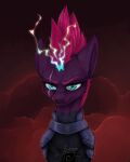  2022 armor big_ears blue_eyes broken_horn digital_media_(artwork) equid equine eye_scar eyebrows facial_scar female feral friendship_is_magic fur hair hasbro hi_res horn magic mammal mohawk my_little_pony my_little_pony:_the_movie_(2017) pink_hair purple_body purple_fur scar signature smile solo tempest_shadow_(mlp) unicorn xzjeep 